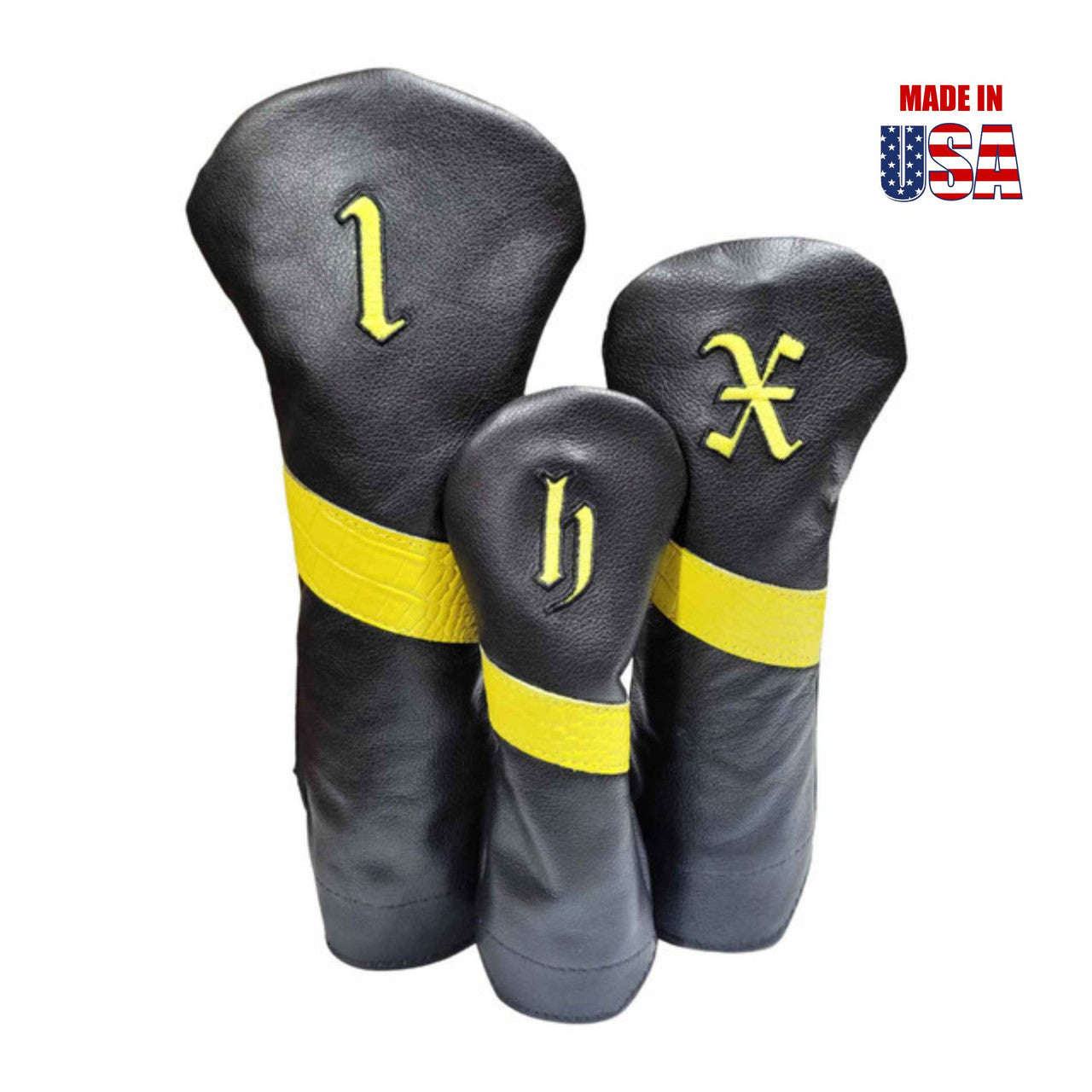 Yellow Alligator Stripe & Outline Vintage Embroidery / Black American Leather Headcover Set