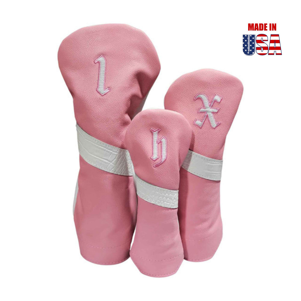 White Alligator Stripe & Outline Vintage Embroidery / Pink American Leather Front / White Leather Back Headcover Set