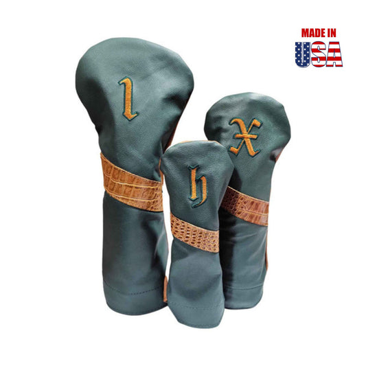 Cognac Alligator Stripe & Outline Vintage Embroidery / Dark Green American Leather Headcover Set