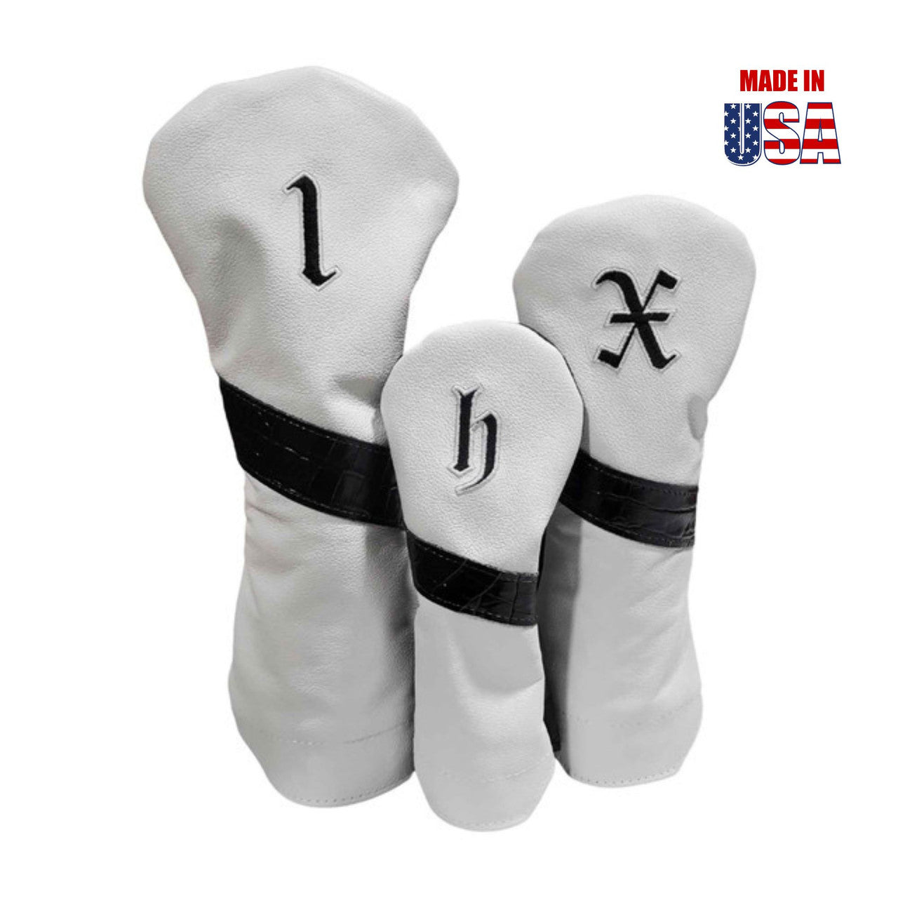 Black Alligator Stripe & Outline Vintage Embroidery / White American Leather Front / Black Back Headcover Set