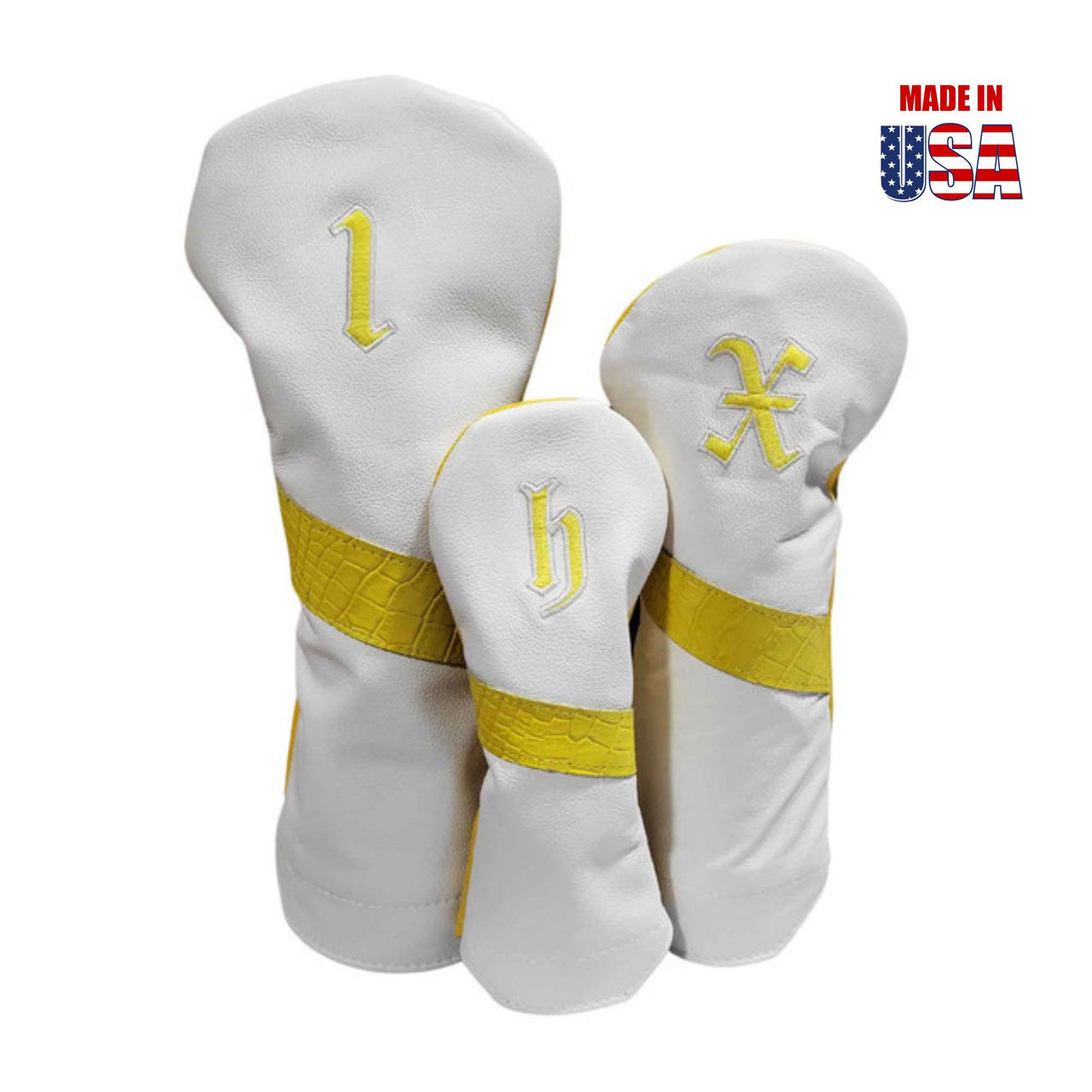 Yellow Alligator Stripe & Outline Vintage Embroidery / White American Leather Front / Yellow Back Headcover Set