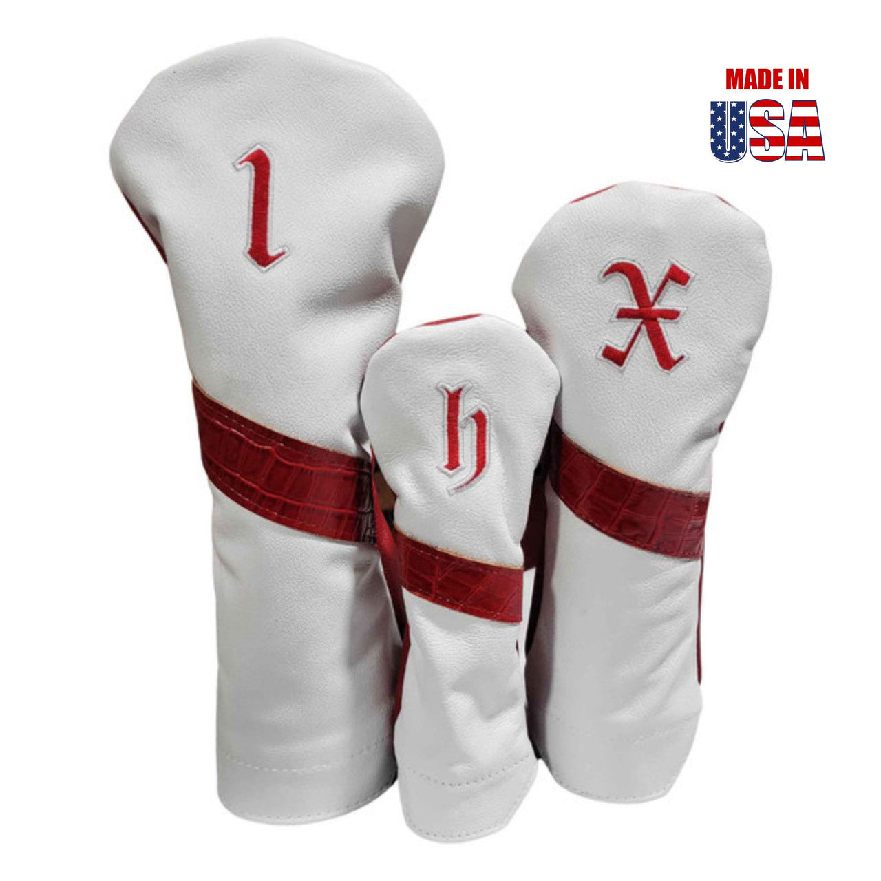 Ferrari Red Alligator Stripe & Outline Vintage Embroidery / White American Leather Front Red Back Headcover Set