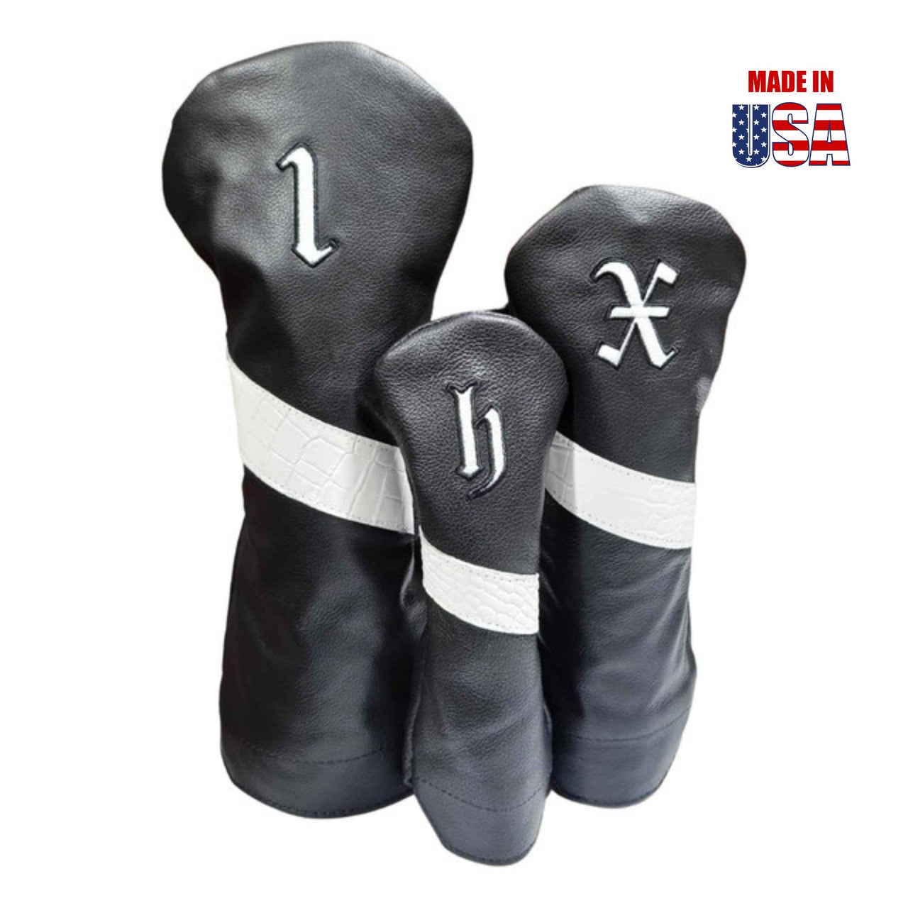 White Alligator Stripe & Outline Vintage Embroidery / Black American Leather Headcover Set