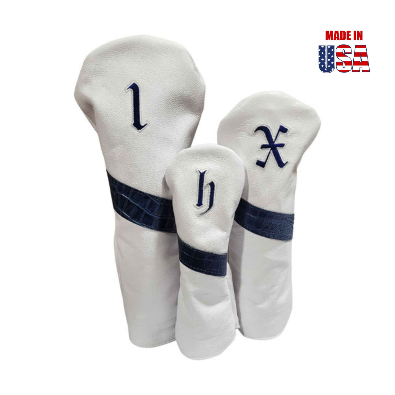 Iris Blue Alligator Stripe & Outline Vintage Embroidery / White American Leather Headcover Set