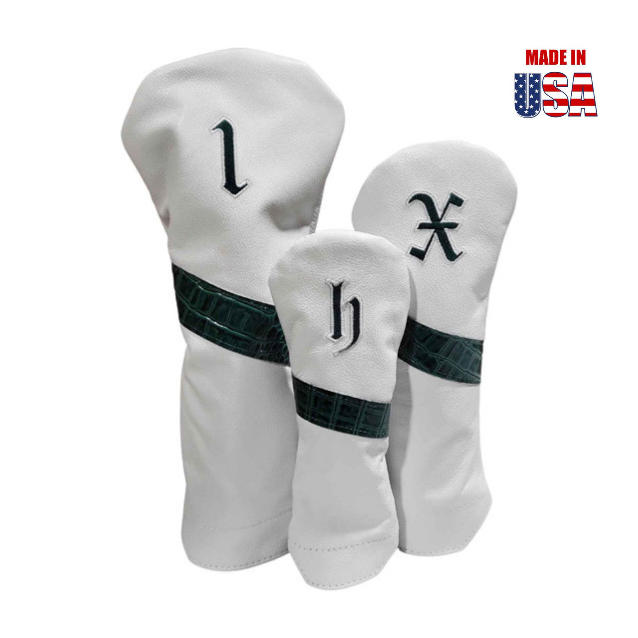 Leaf Green Alligator Stripe & Outline Vintage Embroidery / White American Front / Black Leather Back Leather Headcover Set