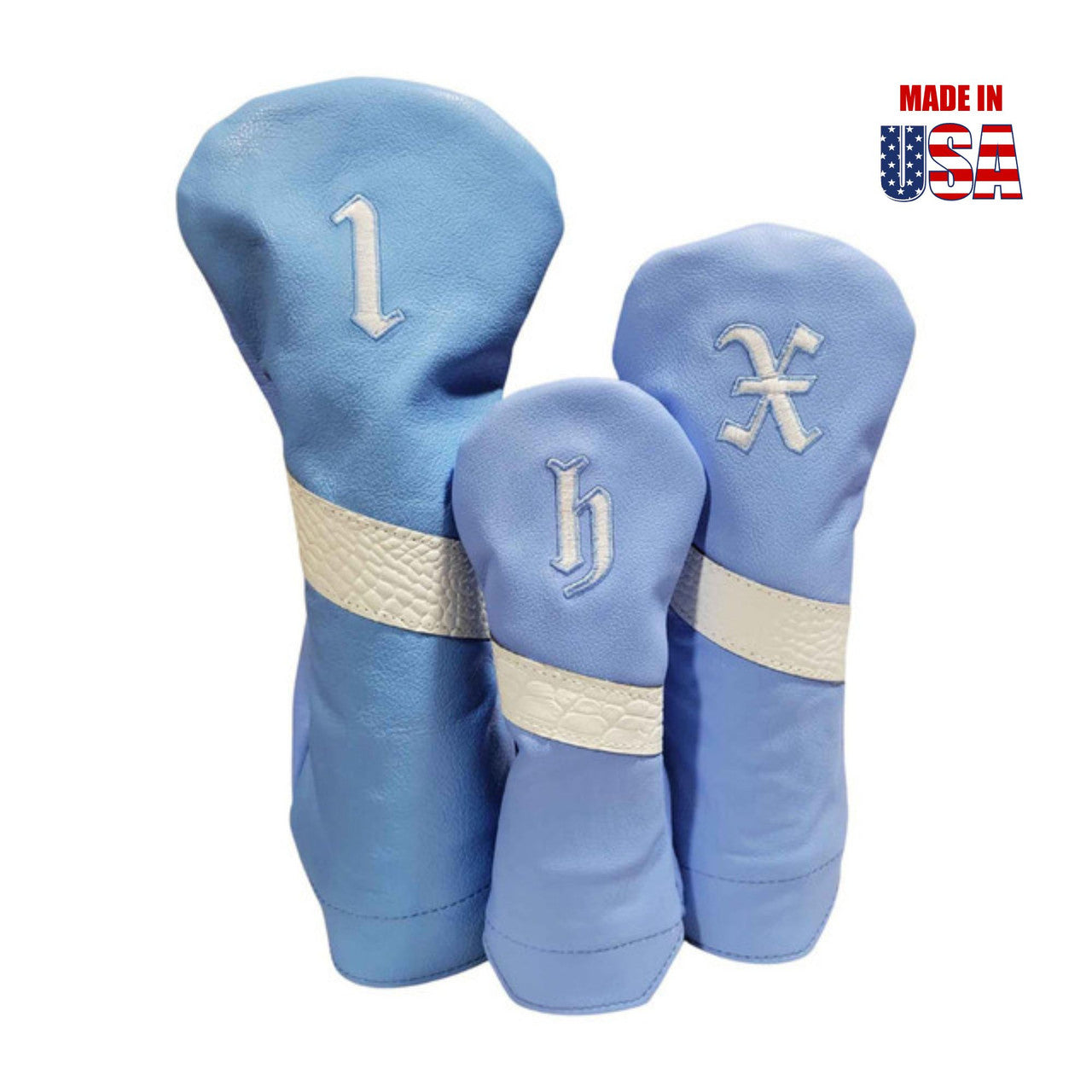 White Alligator Stripe & Outline Vintage Embroidery / Carolina Blue American Leather Headcover Set