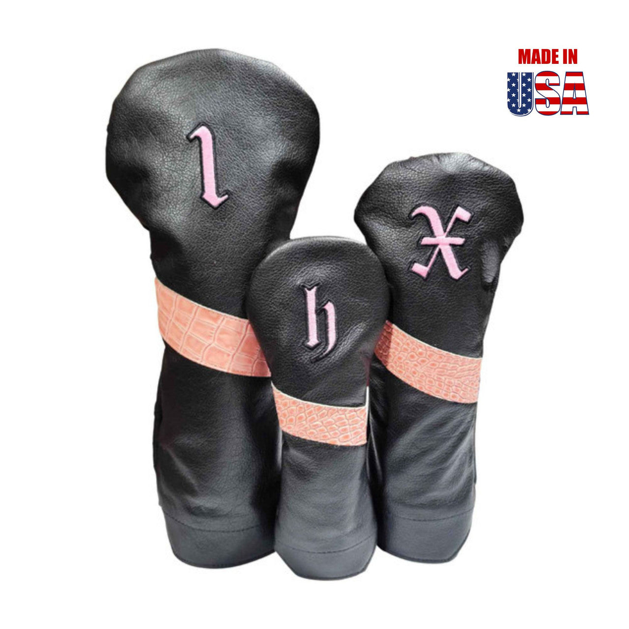 Pink Alligator Stripe & Outline Vintage Embroidery / Black American Leather Headcover Set
