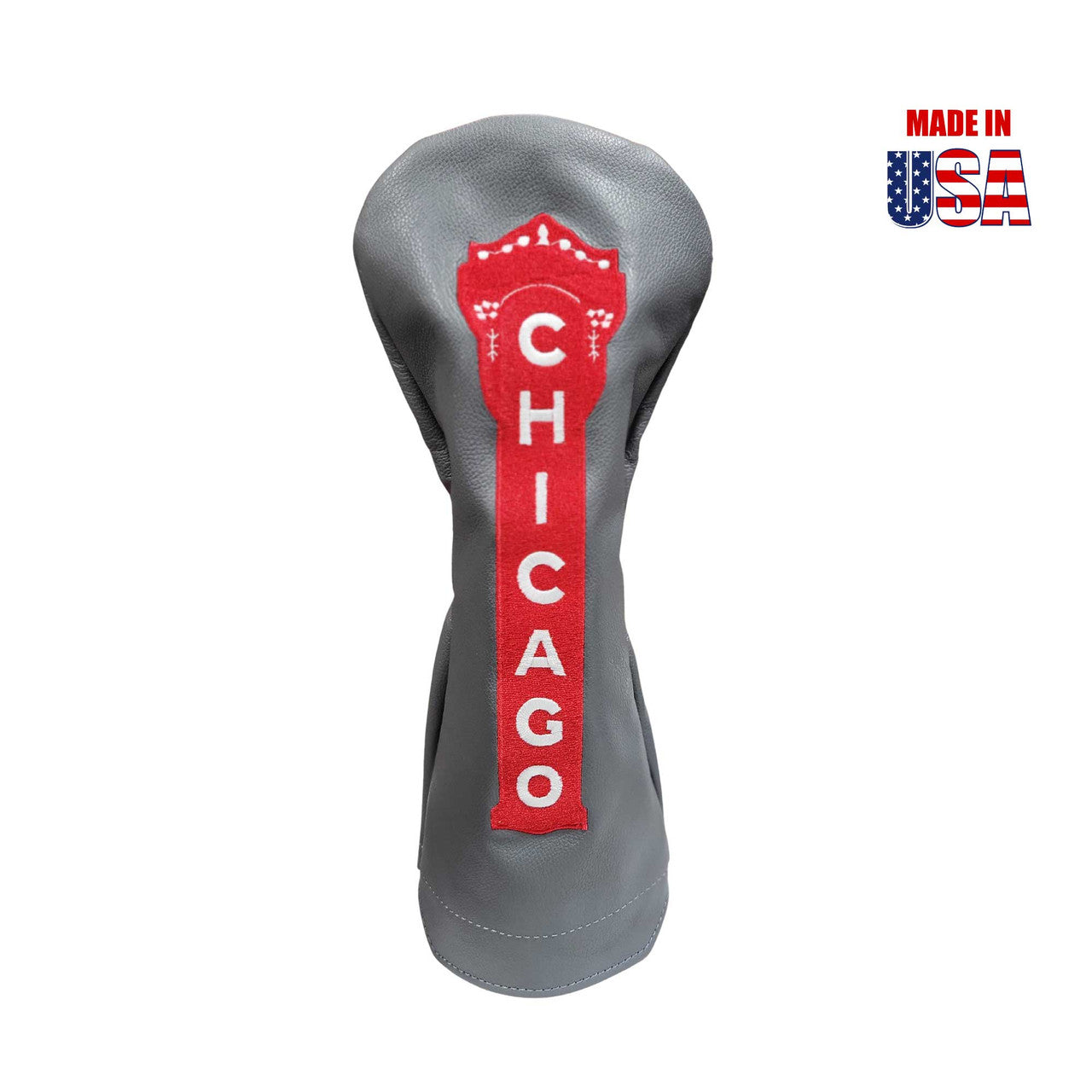 Chicago Theater in Red Embroidery on Gray American Leather Driver Headcover 1, winstoncollection.com