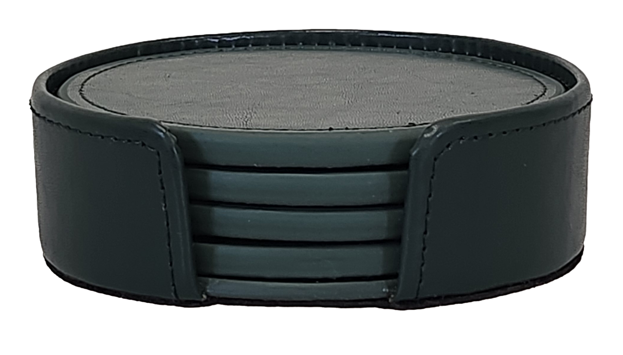 Round Coaster Set-5PC, Bonded Forest Green Leather