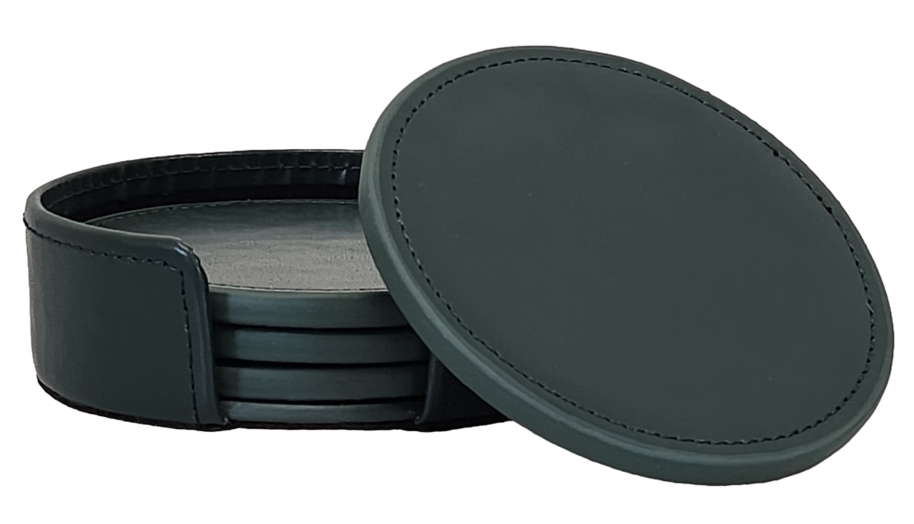 Round Coaster Set-5PC, Bonded Forest Green Leather