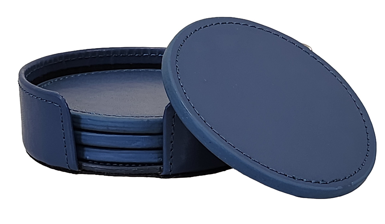 Round Coaster Set-5PC, Bonded Navy Leather