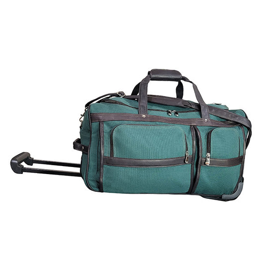 20" Wheeled Duffel Bag Green Canvas with Cafe Colombian Leather Trim