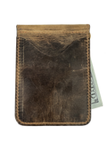 Winston Collection rustic brown leather money clip wallet with cash visible