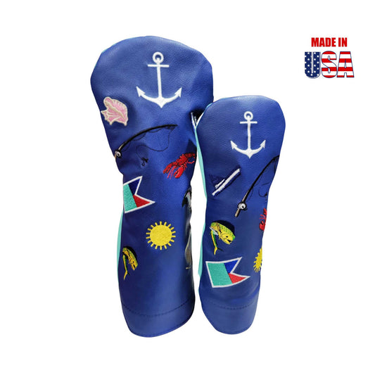 American Leather Driver & Fairway Ocean Blue Front, Luxury Blue Back Sport Fishing Headcover 1, winstoncollection.com