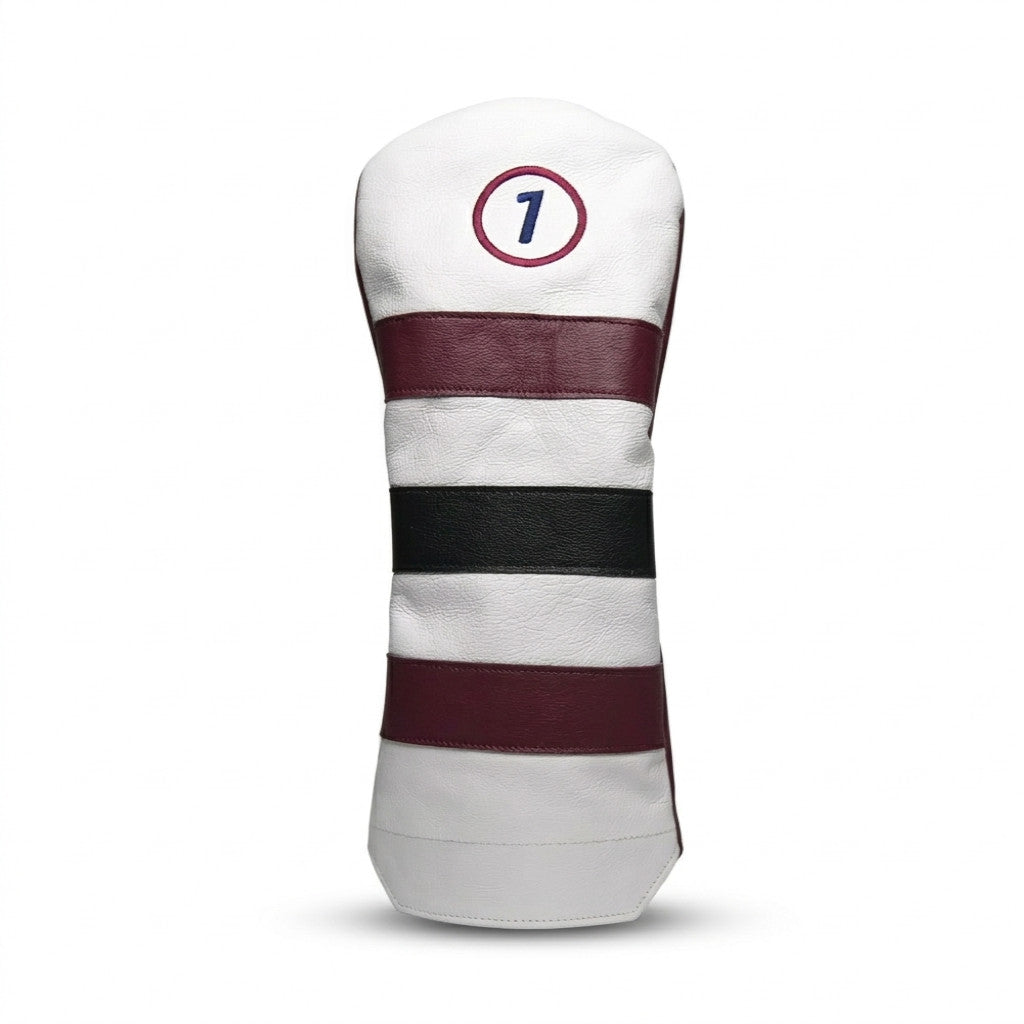 Signature Stripe Number One Leather Driver Headcovers - White Front - Cardinal, Black Stripes - Cardinal Back