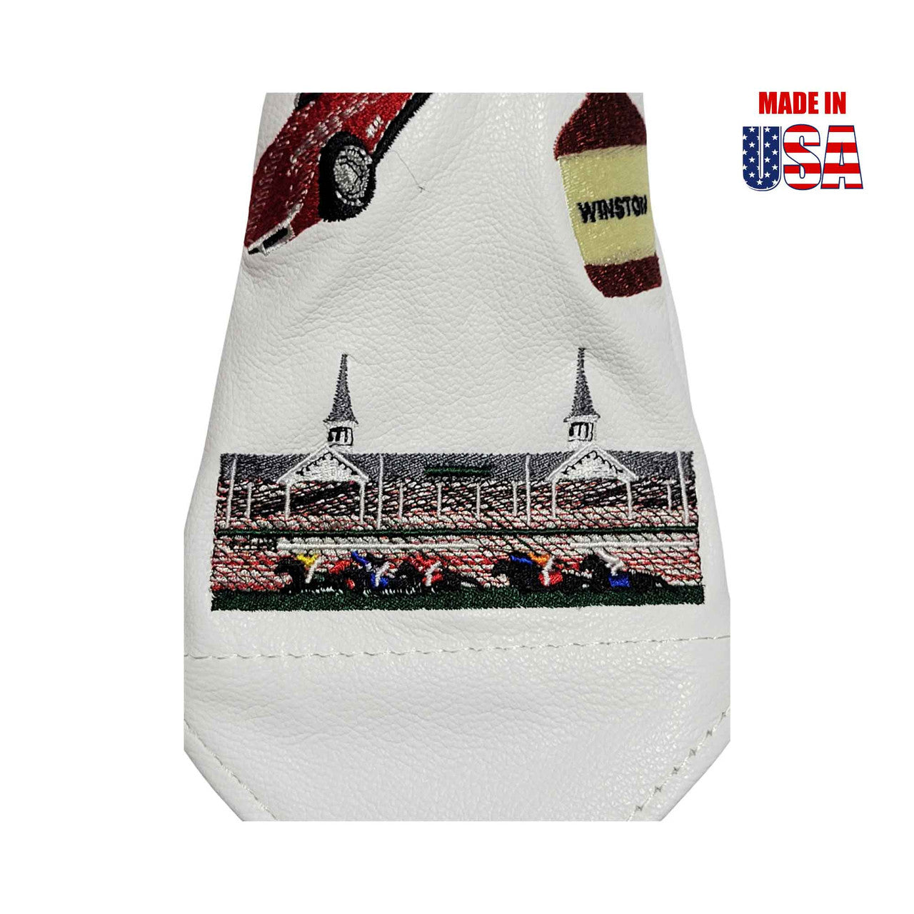 Kentucky Icon Logos on White American Leather Fairway Cover Close up 4 winstoncollection.com