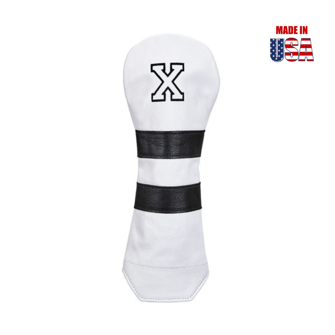 Fairway X in White American Leather with Black Stripes and White Outline Embroidery