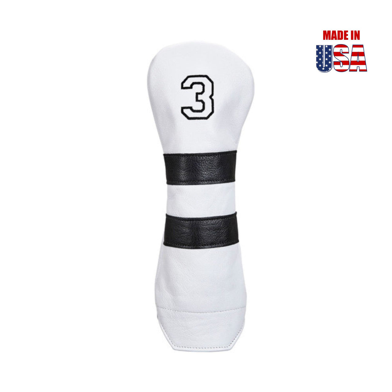 Fairway #3 in White American Leather with Black Stripes and White Outline Embroidery