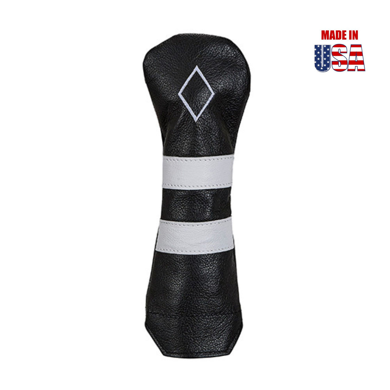 Hybrid Diamond in Black American Leather with White Stripes and White Outline Embroidery
