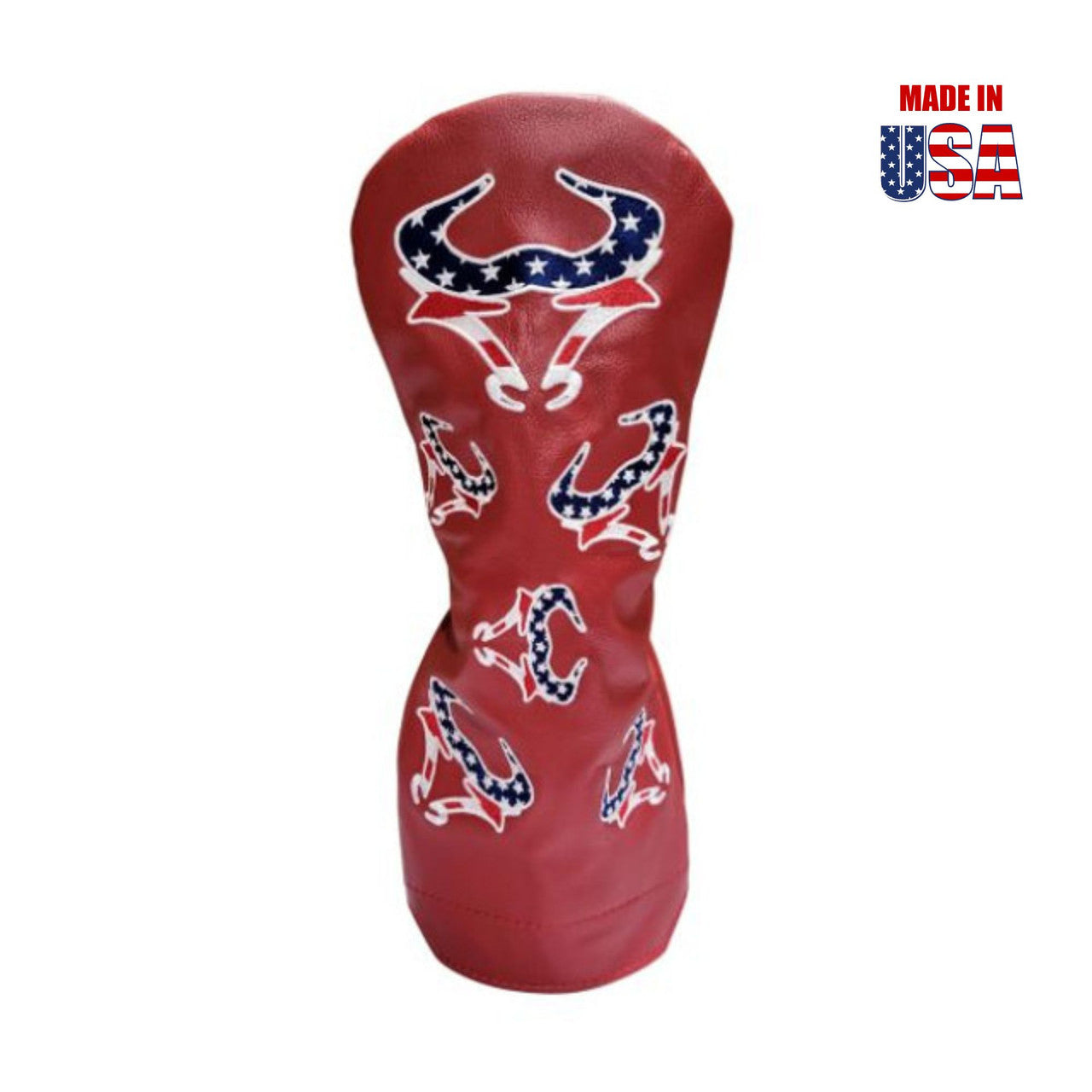 Red American Leather Driver Headcover with Dancing Red, White and Blue Bull Embroidery