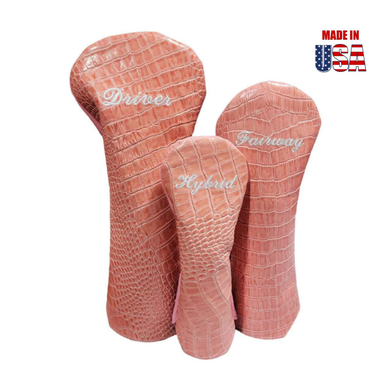Classic Script Font on Pink Alligator Print Leather Headcovers