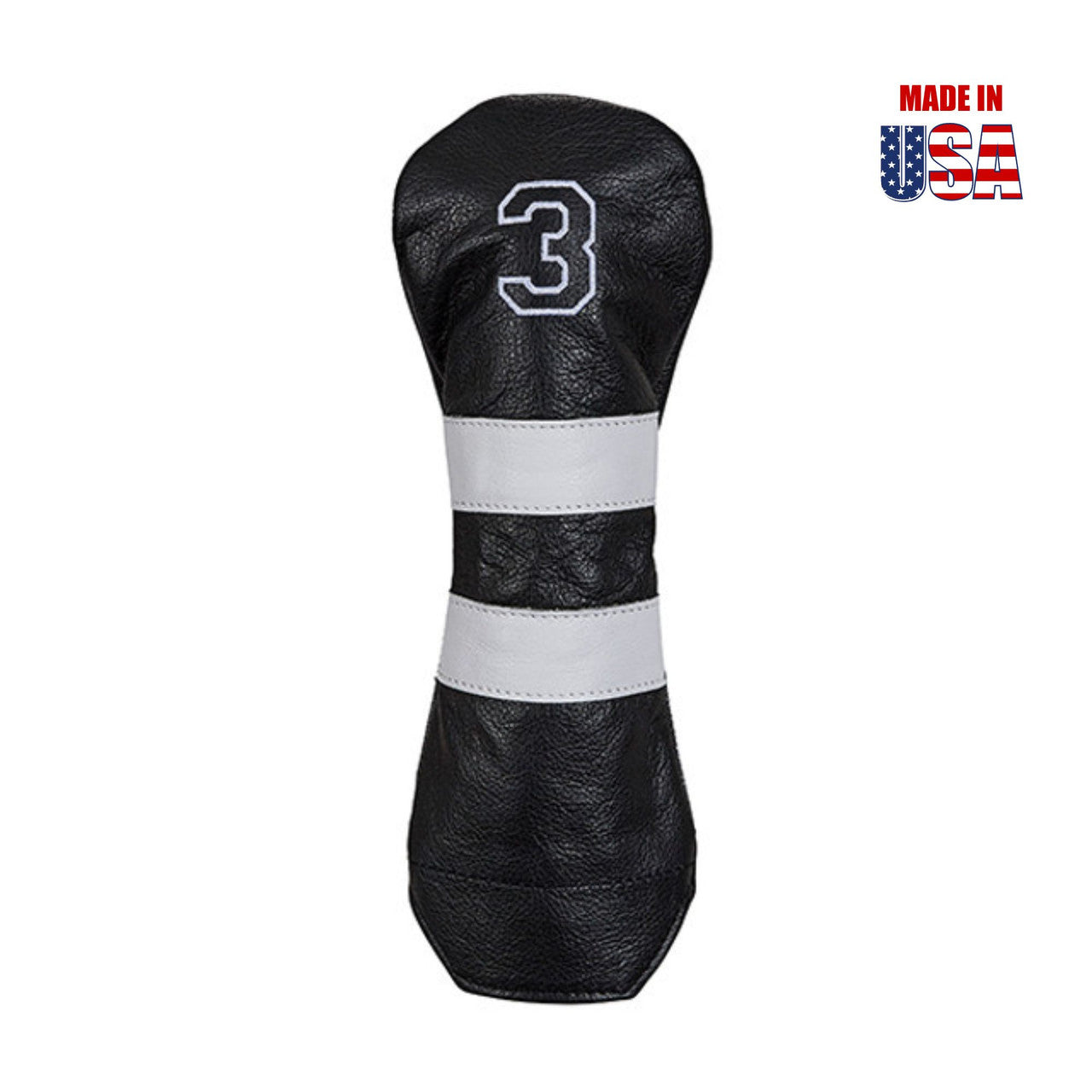 Fairway #3 in Black American Leather with White Stripes and White Outline Embroidery