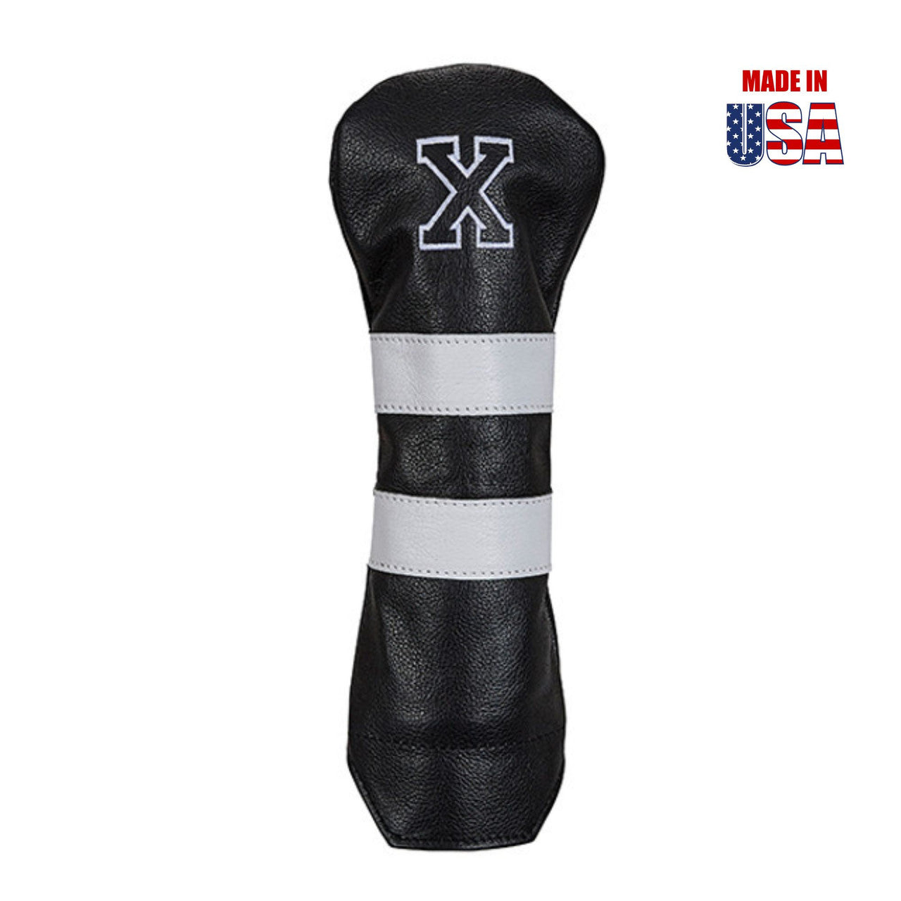Fairway X in Black American Leather with White Stripes and White Outline Embroidery
