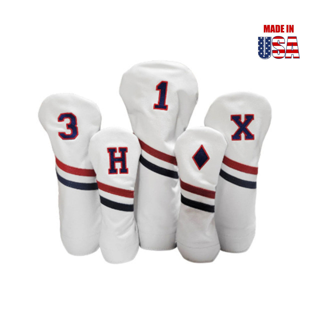 Headcovers White with Red/Black Stripe Navy Embroidery with Red Outline