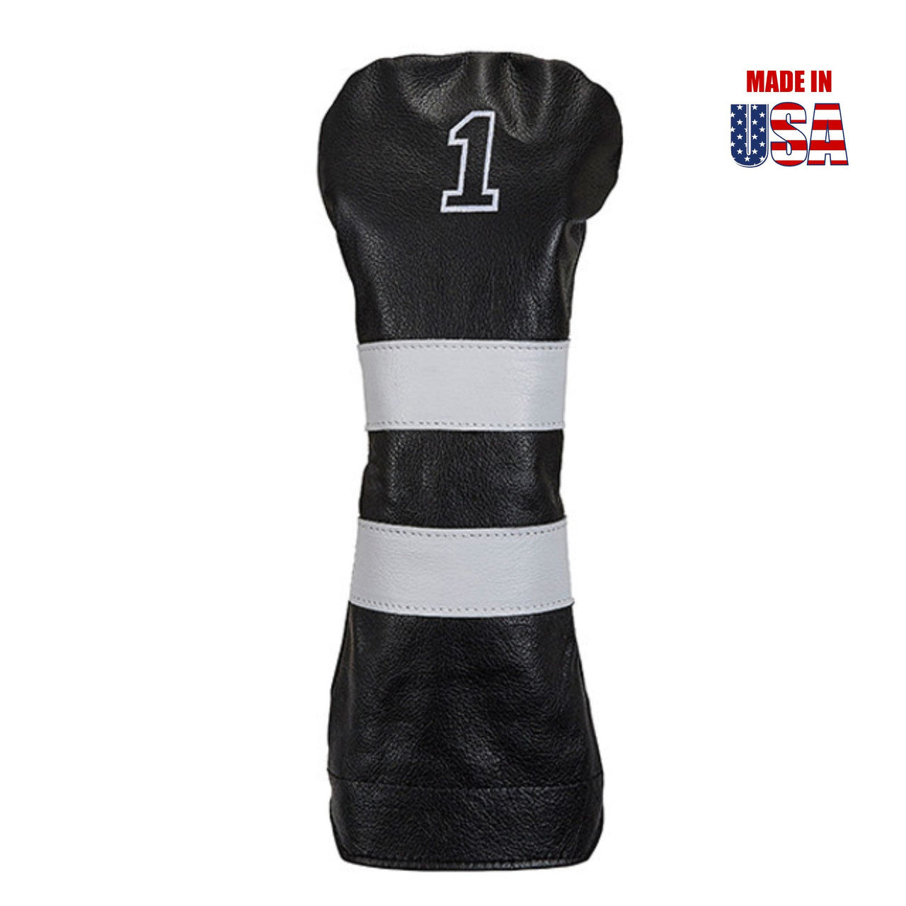 Driver in Black American Leather with White Stripes and White Outline Embroidery