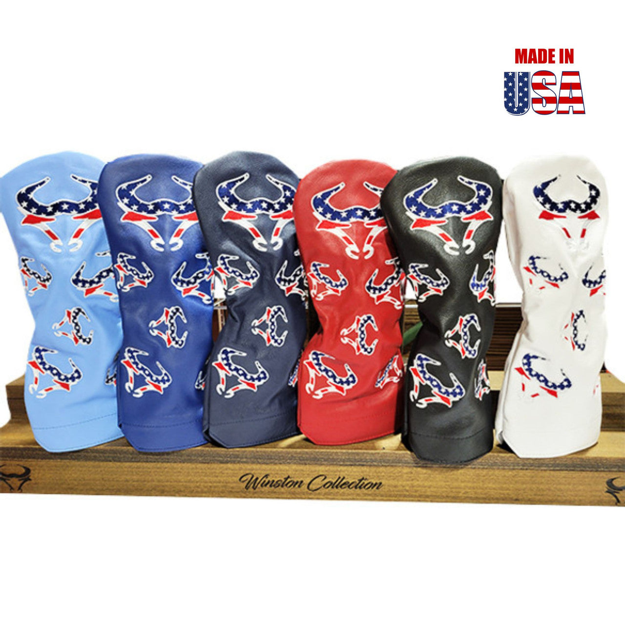 All Colors American Leather Driver Headcovers with Dancing Red, White and Blue Bull Embroidery