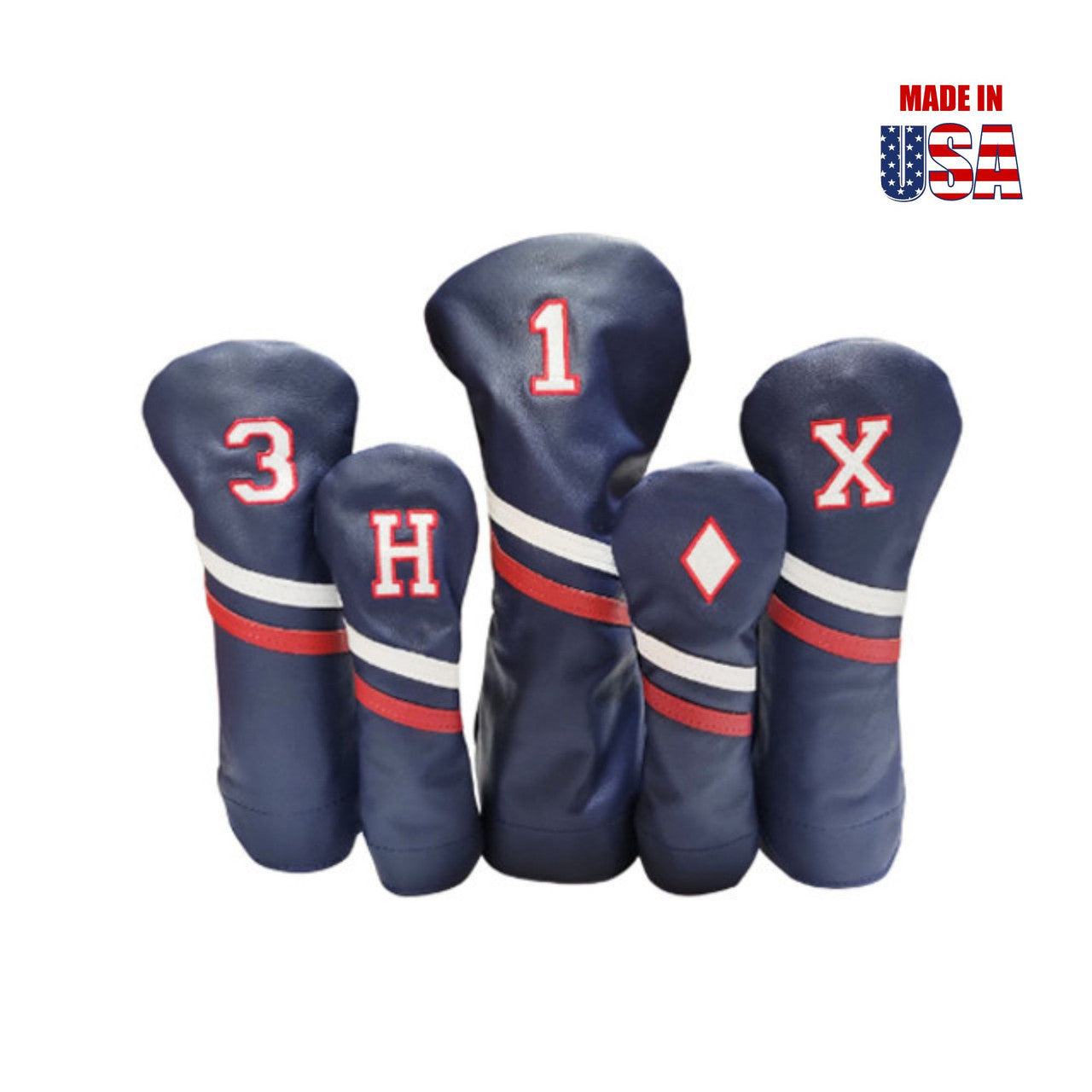 Headcovers Navy with White/Red Stripe White Embroidery with Red Outline