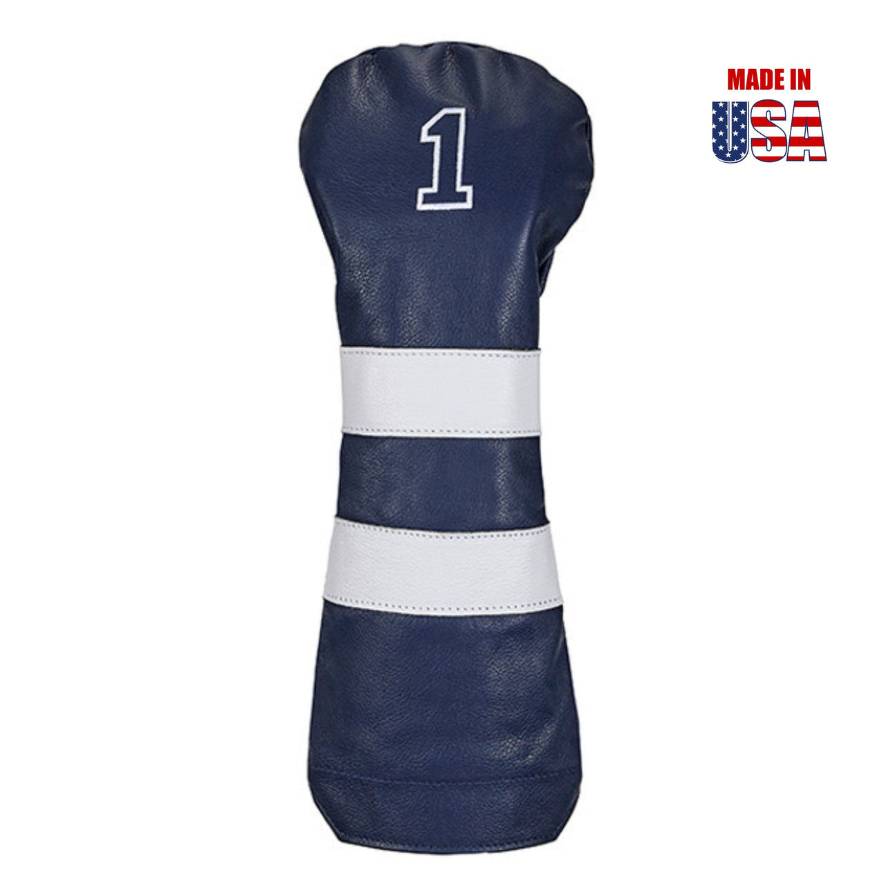 Driver in Navy American Leather with White Stripes and White Outline Embroidery