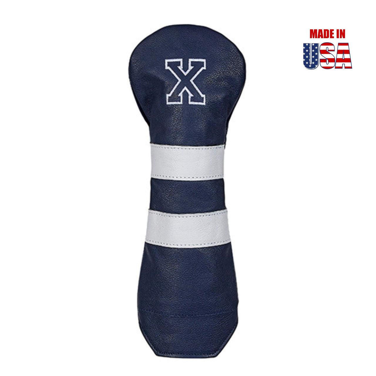 Fairway X in Navy American Leather with White Stripes and White Outline Embroidery