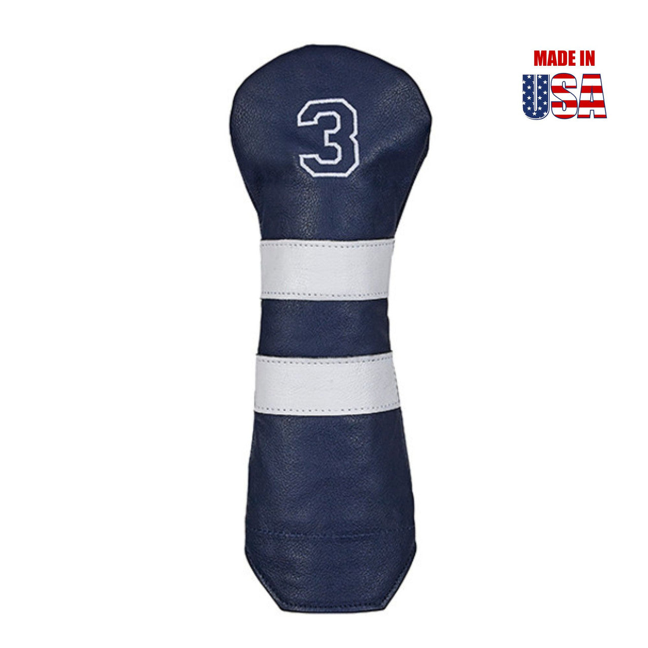 Fairway #3 in Navy American Leather with White Stripes and White Outline Embroidery