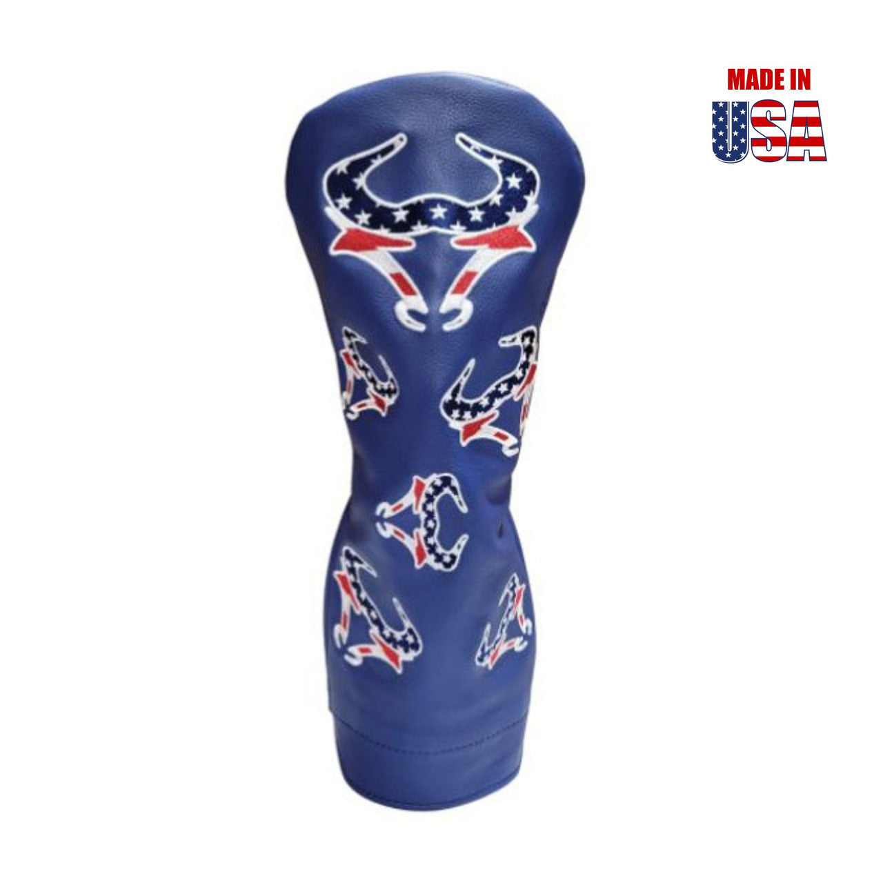 Ocean Blue American Leather Driver Headcover with Dancing Red, White and Blue Bull Embroidery