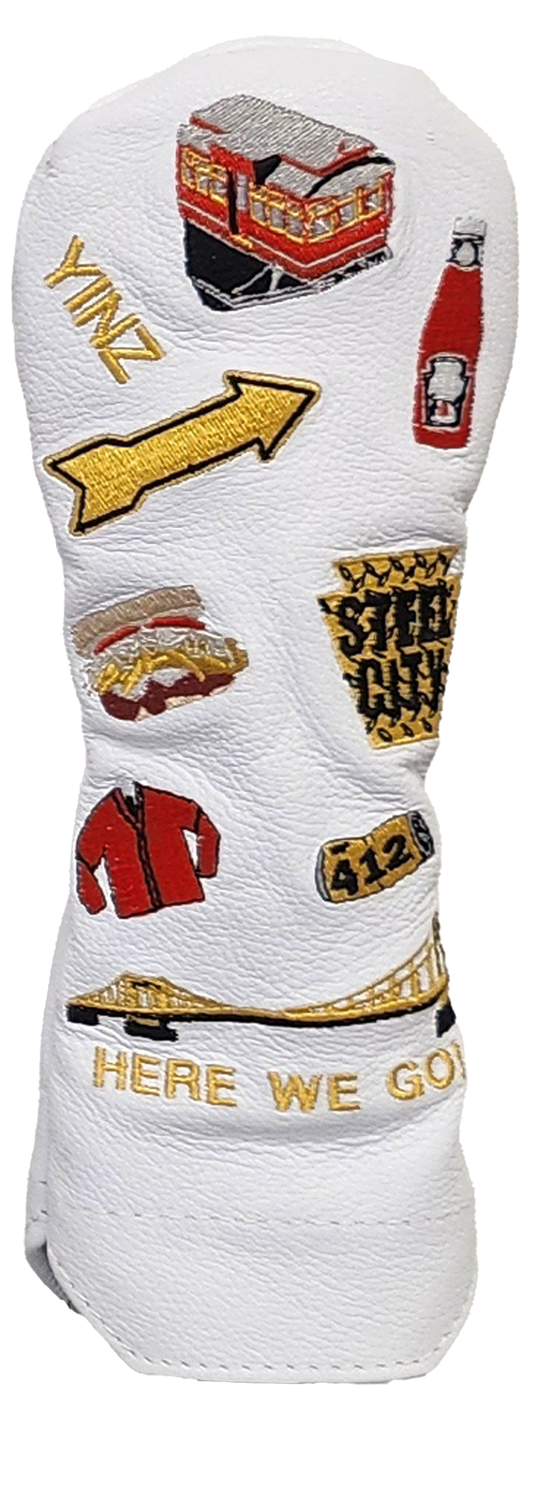 Winston Collection white golf headcover with Pittsburgh icons, yellow bridge, red trolley, and text accents