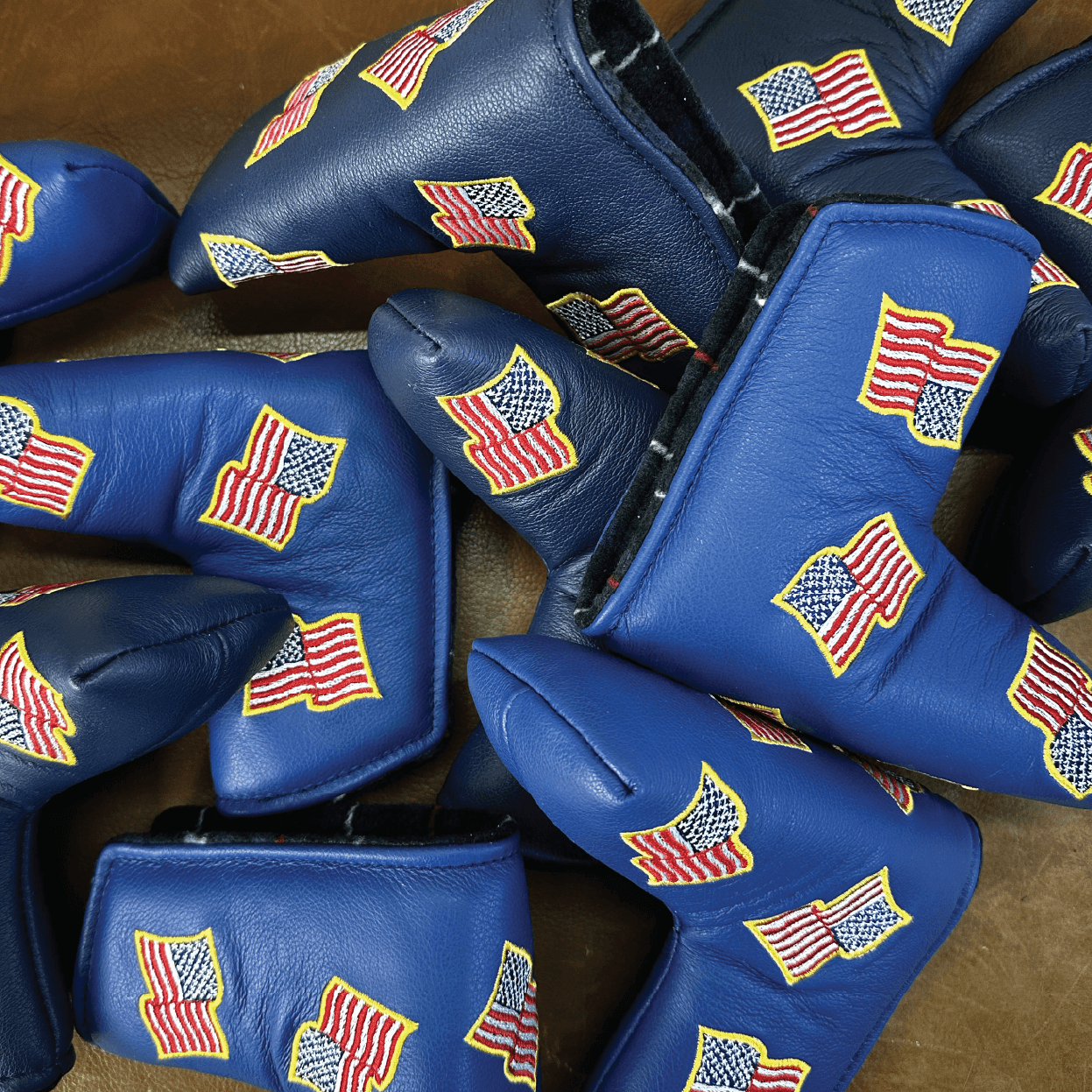 American Flags with Gold Outline Blade Leather Putter Covers - Winston Collection