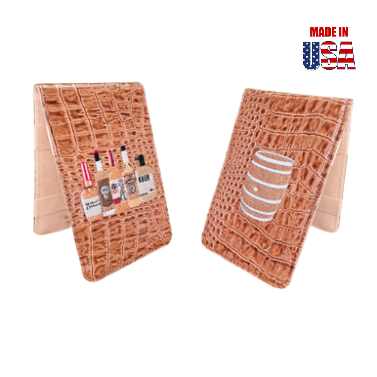 Scorecard Holder & Yardage Book, Golfer's Drink Images on Faux-Cognac Alligator Vegetable Tan