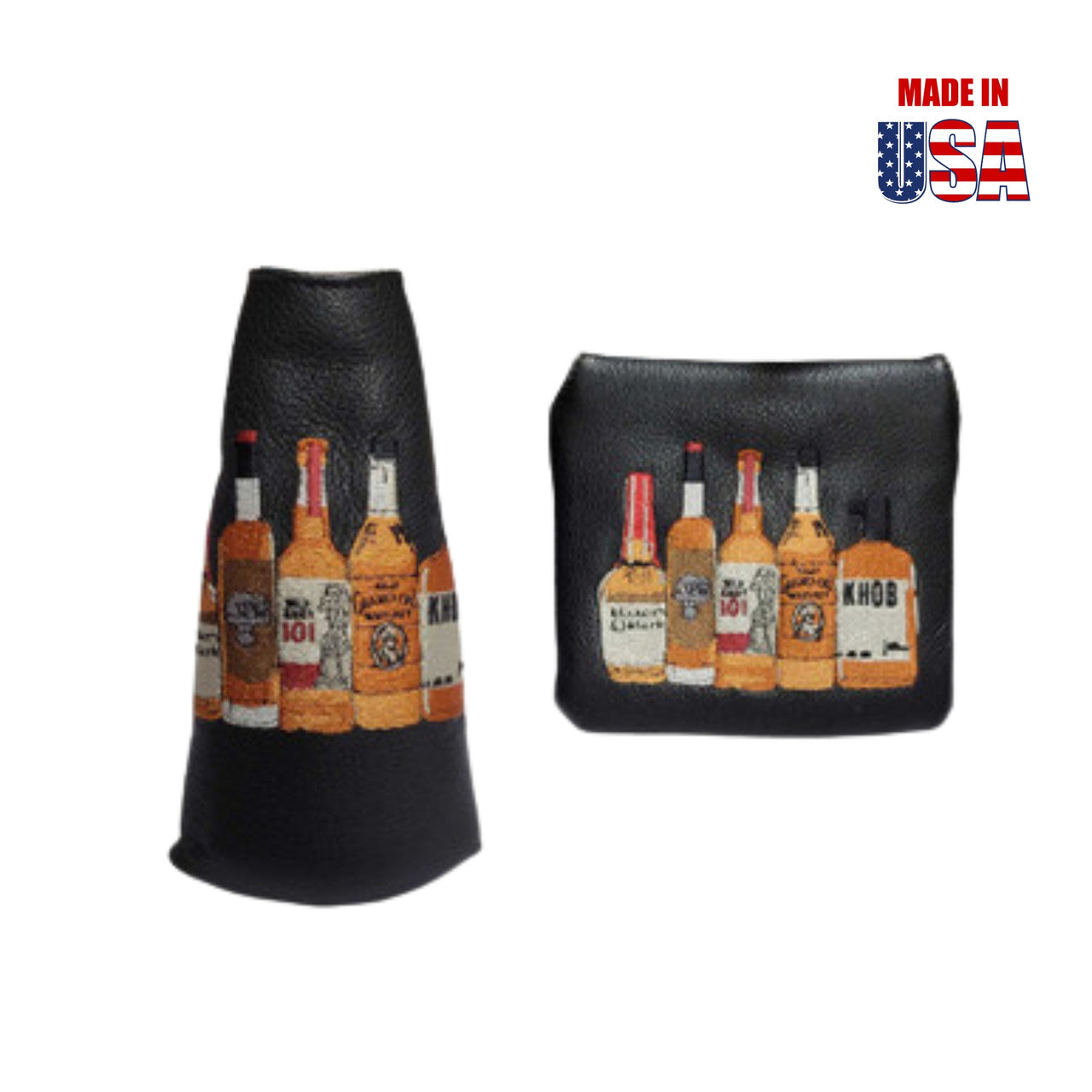 Blade and Universal Putter Cover in Black American Leather with Beverage Embroidery