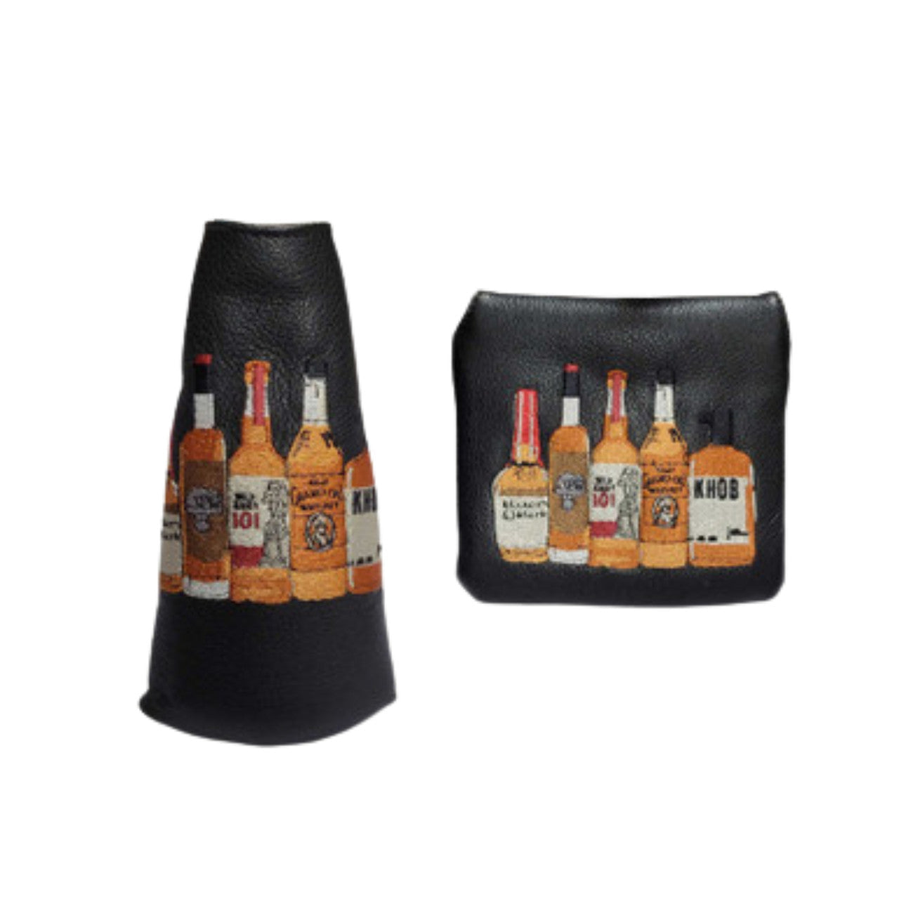 Blade and Universal Putter Cover in Black American Leather with Beverage Embroidery