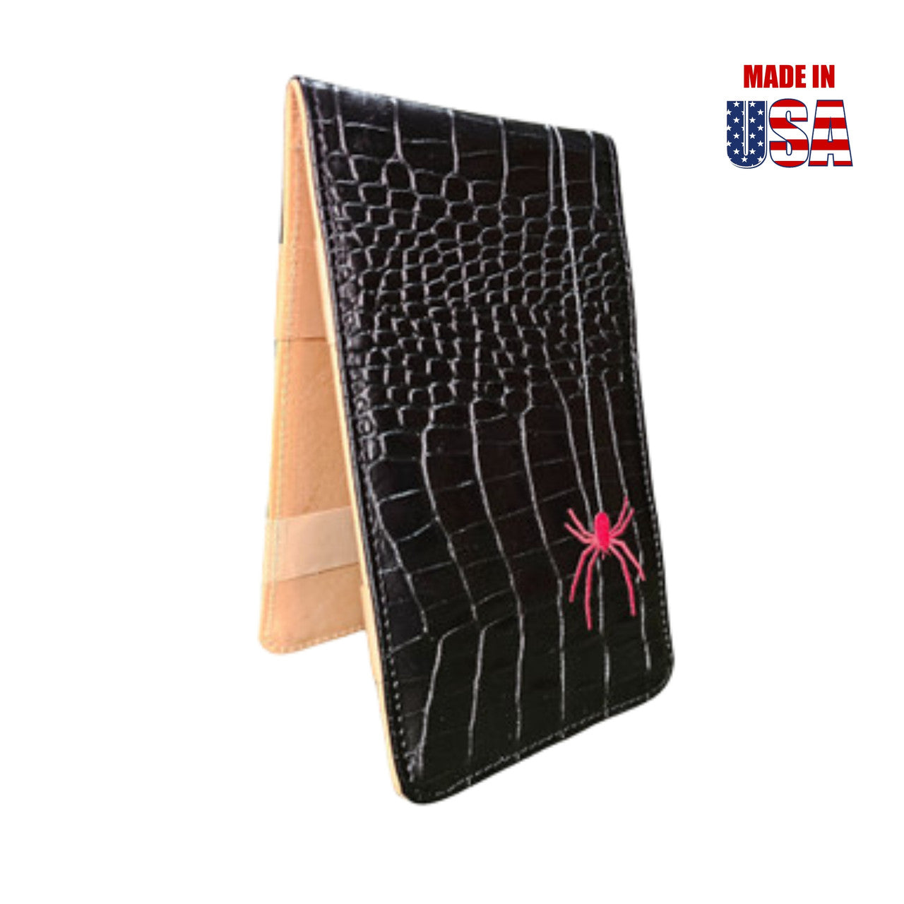 Scorecard Holder & Yardage Book, Red Black Widow and its Web on Black Alligator 2