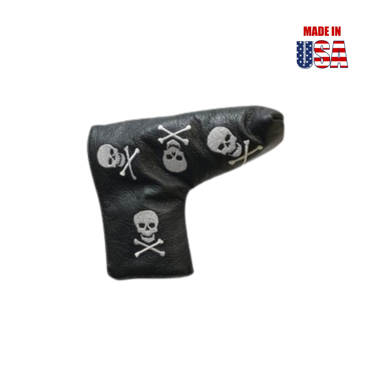 Blade/Boot Style Putter Cover in Black American Leather with Dancing Skull Embroidery