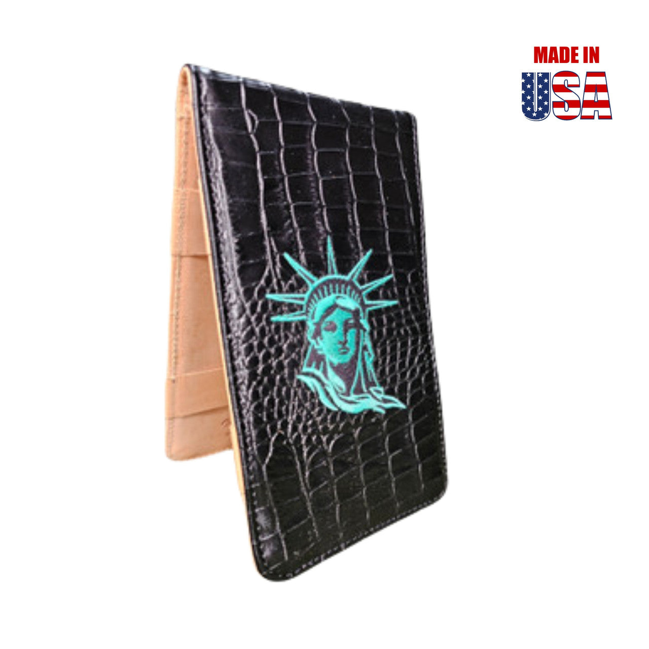 Scorecard Holder & Yardage Book, Statue of Liberty & New York on Black Alligator 1
