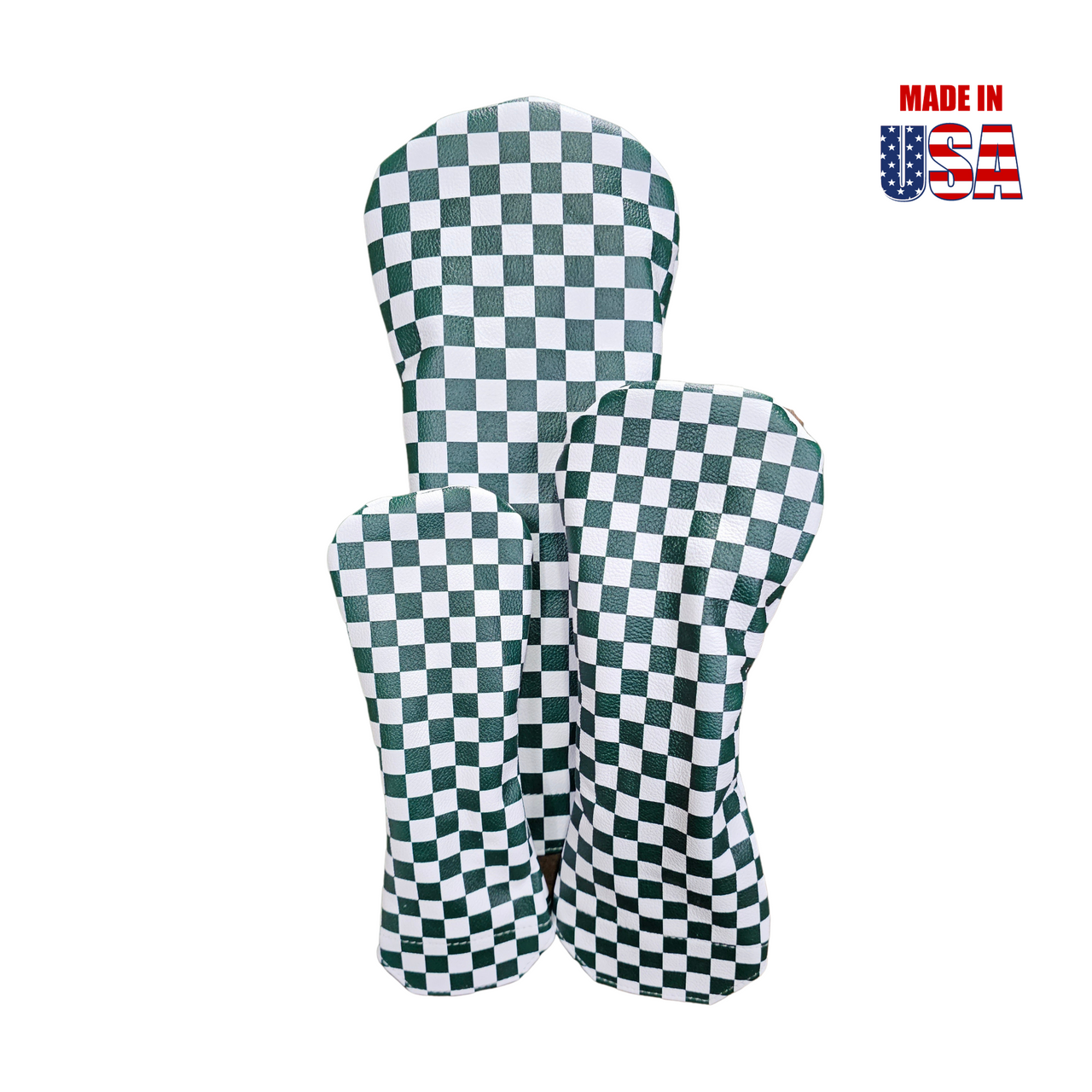 Green and White Checkerboard Leather Headcover Set