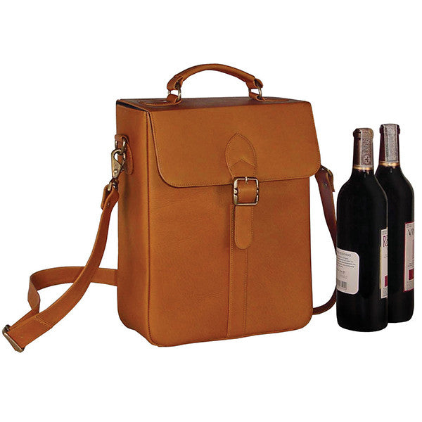 Two Bottle Wine Carrier in Tan Colombian Leather