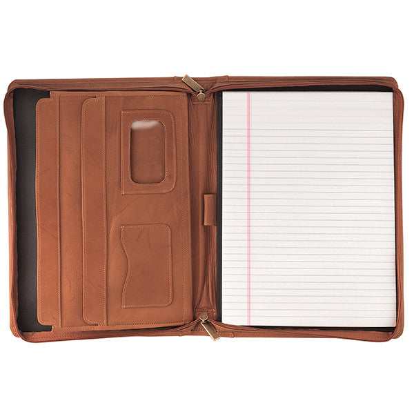 Tan Colombian Leather Zipper Portfolio Opened