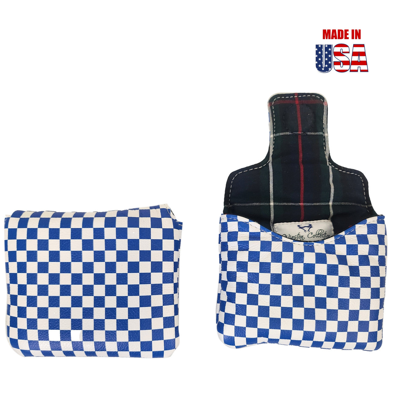 Blue and White Checkerboard Leather Universal Mallet Putter Cover