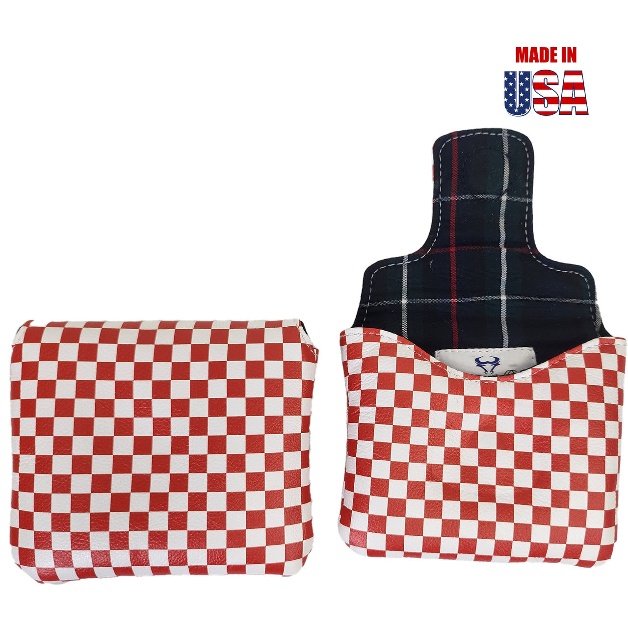 Red and White Checkerboard Leather Universal Mallet Putter Cover