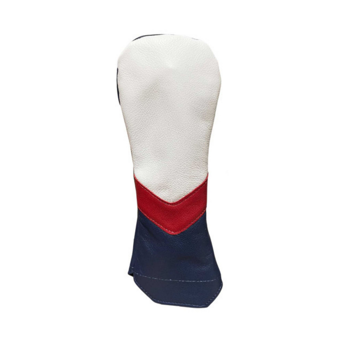 Stymie Stripe Traditional Leather Golf Headcovers - Hybrid - White Top, Navy Bottom, Red V-Stripe, Navy Back
