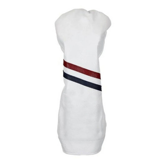 Two Stripe Traditional Leather Golf Headcovers - Driver - White with Red and Navy Stripe